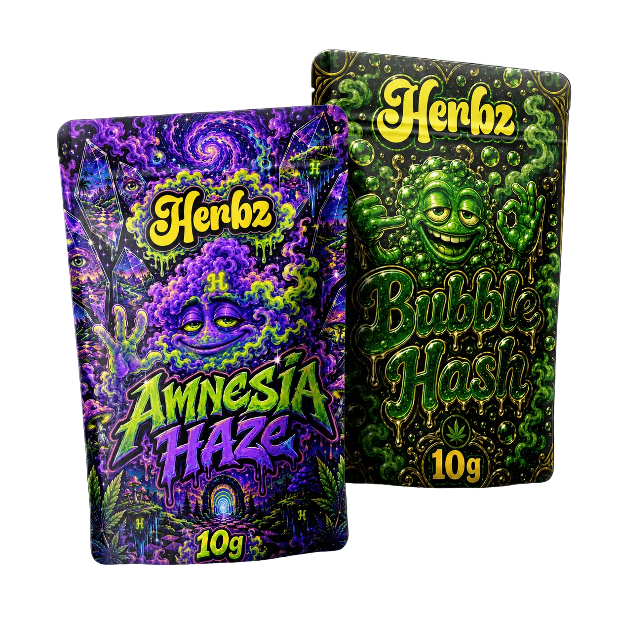 Amnesia Haze a Bubble Hash 20g THCA balíček s vrcholovými pupeny a hashem na černém pozadí