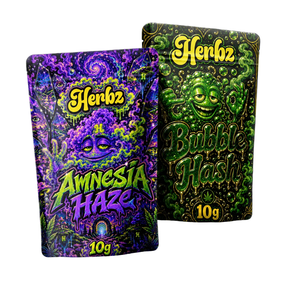Amnesia Haze a Bubble Hash 20g THCA balíček s vrcholovými pupeny a hashem na černém pozadí