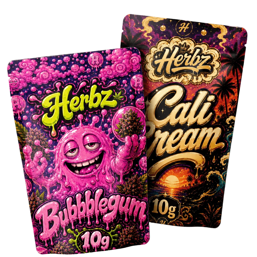 Bubblegum a Cali Cream 20g THCA balíček s vrcholovými pupeny a static hashem na černém pozadí