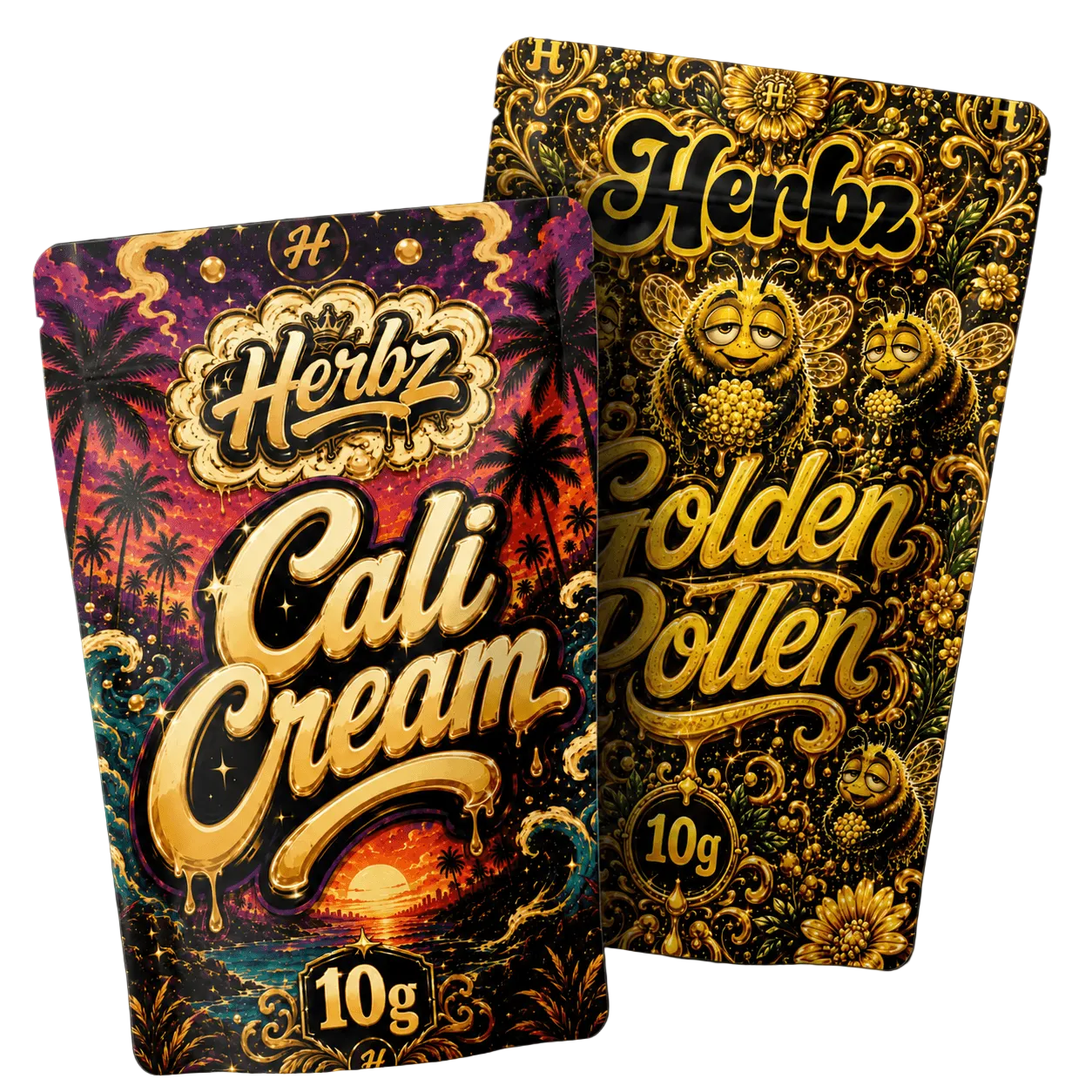 Cali Cream a Golden Pollen 20g THCA balíček se dvěma variantami hashe na černém pozadí