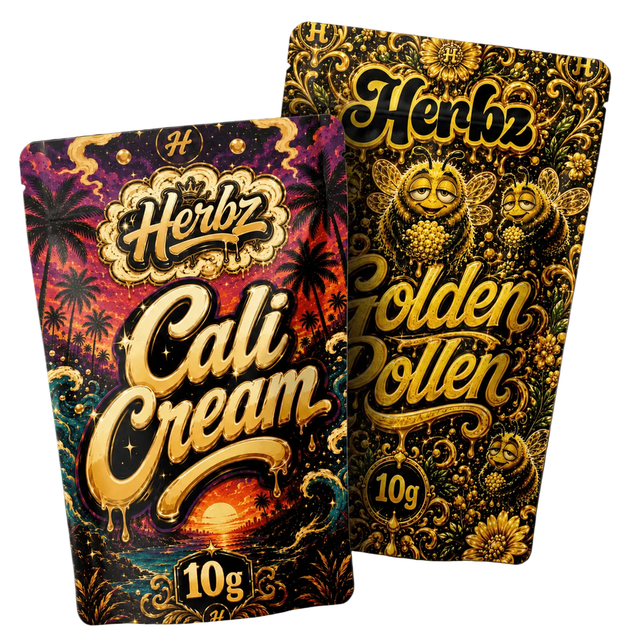 Cali Cream a Golden Pollen 20g THCA balíček se dvěma variantami hashe na černém pozadí