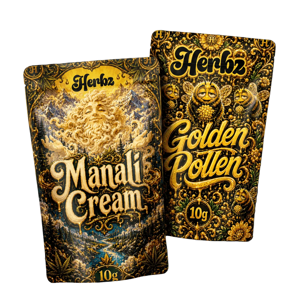 Golden Pollen a Manali Cream 20g THCA balíček se dvěma variantami hashe na černém pozadí