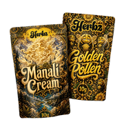 Golden Pollen a Manali Cream 20g THCA balíček se dvěma variantami hashe na černém pozadí