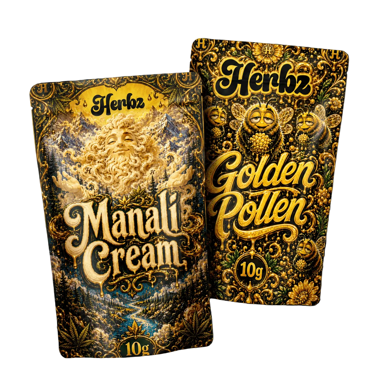 Golden Pollen a Manali Cream 20g THCA balíček se dvěma variantami hashe na černém pozadí