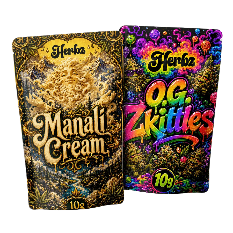 Manali Cream a O.G. Zkittles 20g THCA balíček se static hashem a vrcholovými pupeny na černém pozadí

