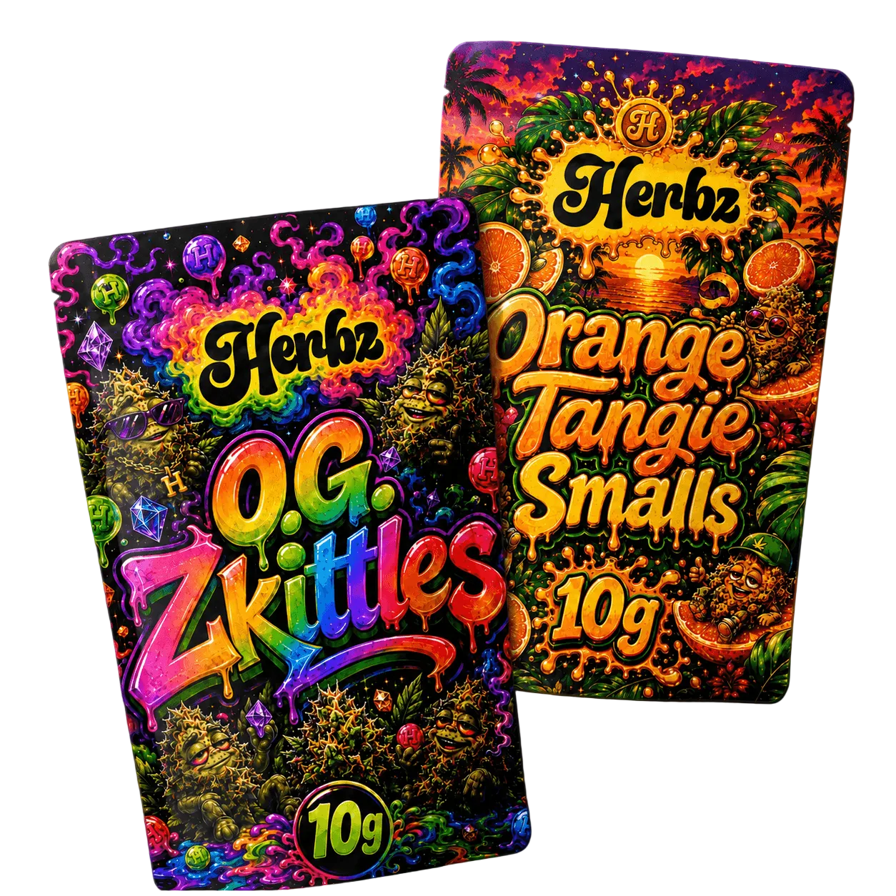 O.G. Zkittles a Orange Tangie Smalls 20g THCA balíček se dvěma květinovými produkty na černém pozadí