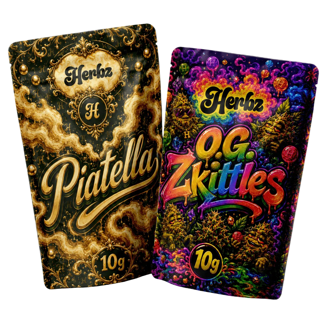 O.G. Zkittles a Orange Tangie Smalls 20g THCA balíček se dvěma květinovými produkty na černém pozadí