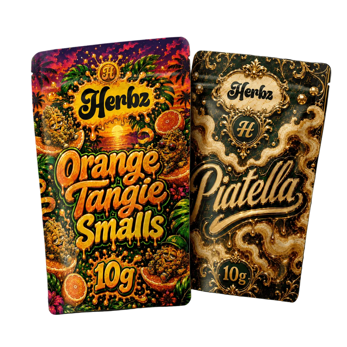 Orange Tangie Smalls a Piatella 20g THCA balíček s popcorn buds a ice water hash na černém pozadí