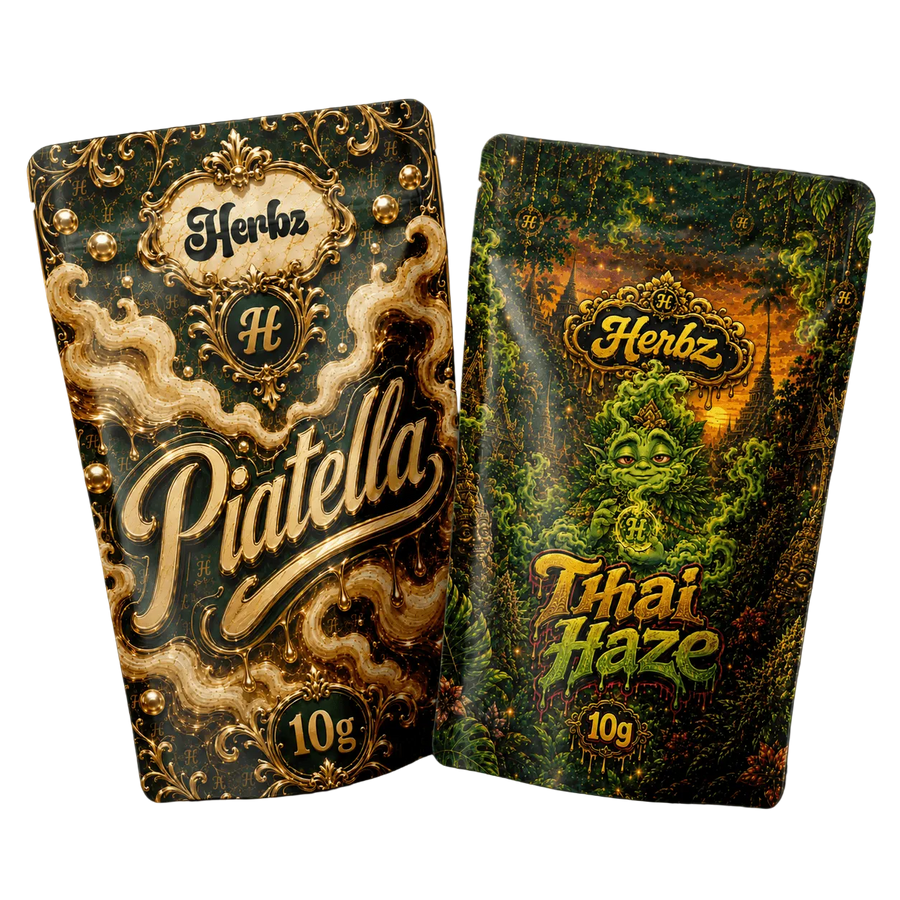 Piatella a Thai Haze 20g THCA balíček s ice water hashem a vrcholovými pupeny na černém pozadí