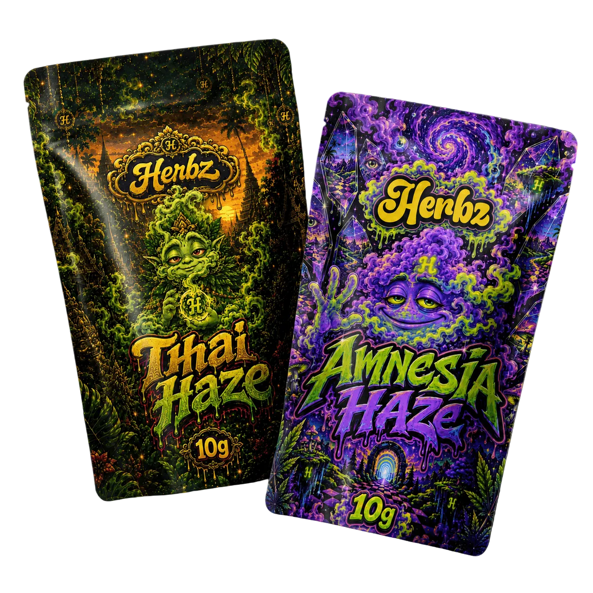 Thai Haze a Amnesia Haze 20g THCA balíček se dvěma haze vrcholovými pupeny na černém pozadí