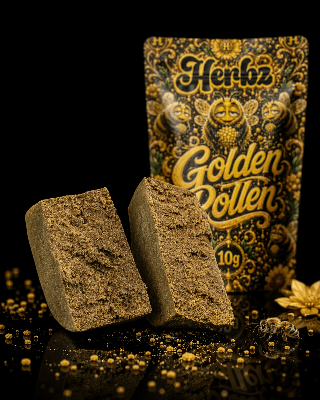 Golden Pollen 30% THCA bloky hashe s tmavým zlatohnědým povrchem a drobivým středem