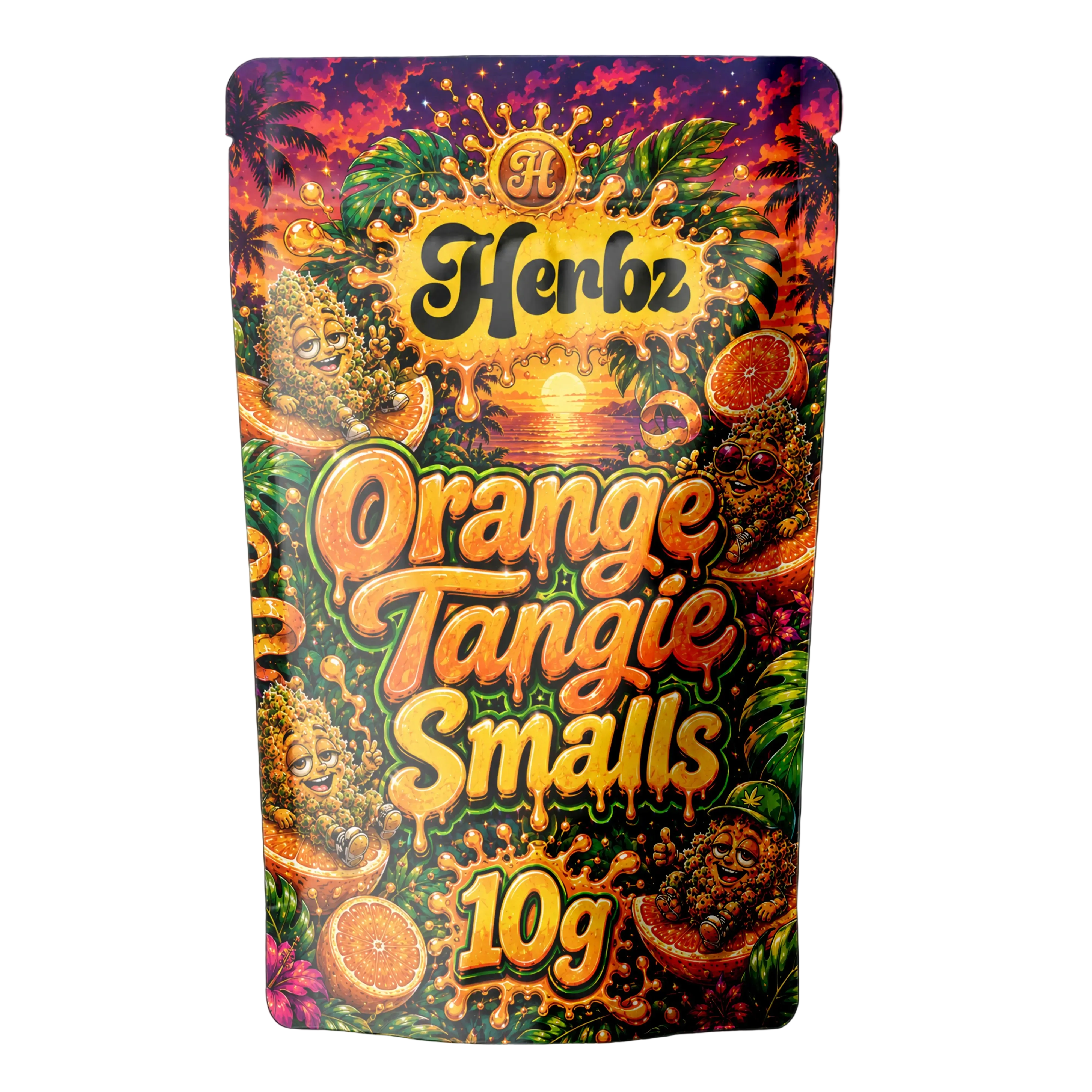 Orange Tangie Smalls 22% THCA popcorn pupeny se zamrzlou vrstvou trichomů na černém pozadí

