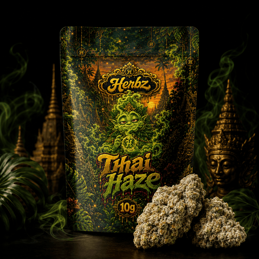 Detailní záběr Thai Haze 23% THCA se světle zelenými odstíny a oranžovými pestíky